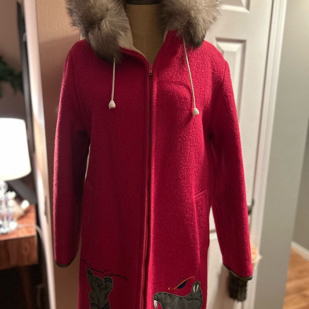 Pink and Cream Ski Jacket with  Fur Hood and Warm Fabric